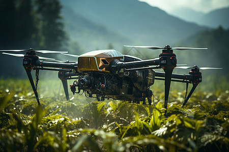 无人机在绿色农田背景图片