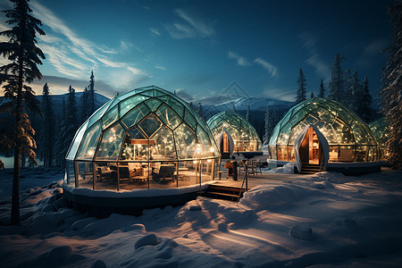 雪地中坐落的玻璃屋图片