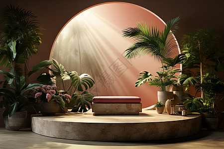 免扣购物节装饰粉色背景与绿植装饰的展台设计图片