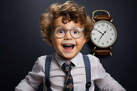 灿烂笑容的小男孩戴着眼镜和背带，黑色背景墙上挂着一个挂钟。图片