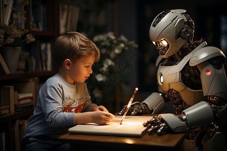 科技技能机器人在客厅内与男孩一起学习背景