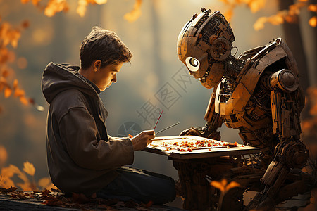 青年男子与机器人对弈图片