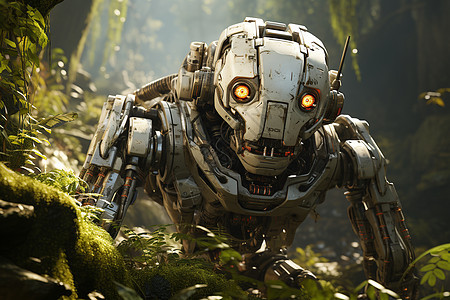 机器人在森林中行走背景图片