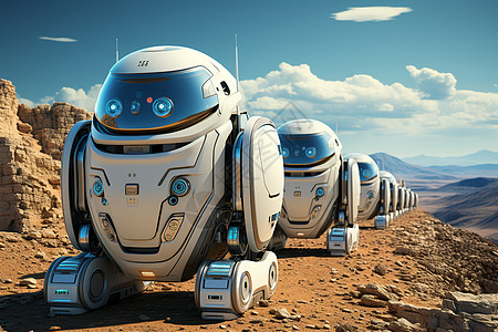 沙漠中的城堡未来科技中的机器人送货车队背景