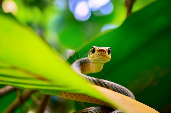 丛林里的蛇盯着镜头坐在树叶上图片