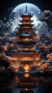 中式别墅插画图片
