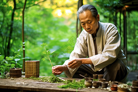 老中医手拿草药中国医药大夫背景