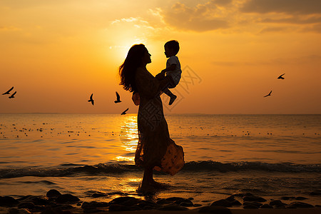 大海剪影母子夕阳剪影背景