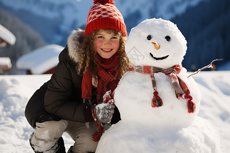 女孩与雪人的合影图片