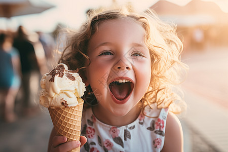 孩子吃冰淇淋手持冰淇淋的女孩背景