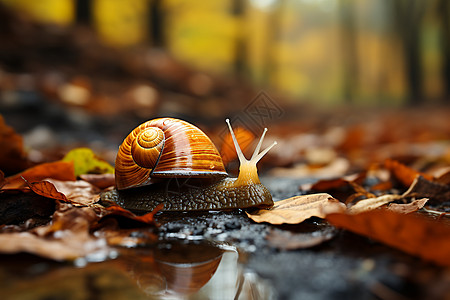 落叶上的蜗牛图片