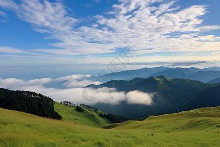 夏季山间蓝天白云的美丽景观图片