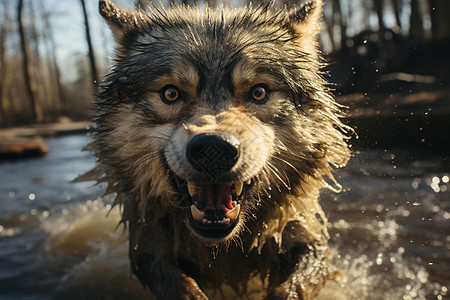 狼在河中奔跑图片