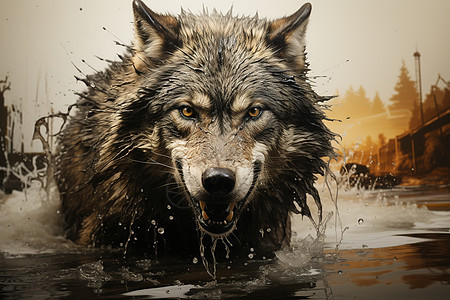 在水中行走的狼图片