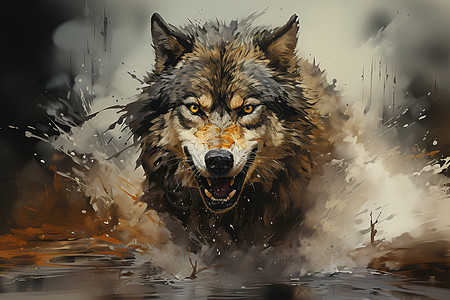 狼在水中奔跑图片