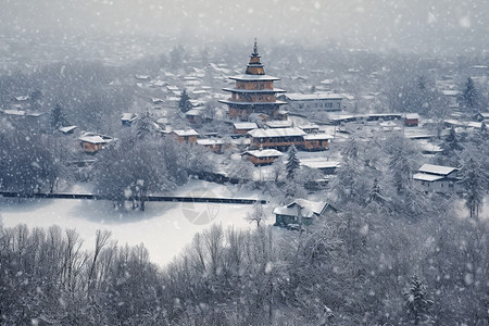 白雪皑皑的村庄景观背景图片