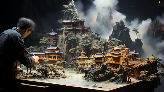 水墨山村雕塑模型背景