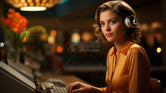 美女戴着耳机用打字机工作图片