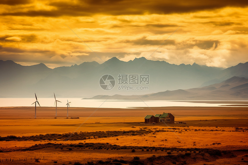 高原山脉中的风力发电机图片
