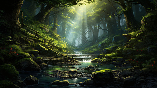 阳光透过树林阳光透过树荫洒在溪流里插画
