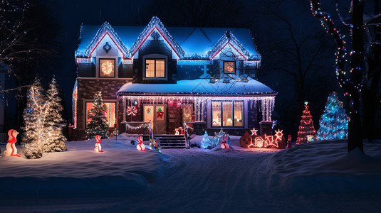 夜幕下圣诞装饰的房子图片