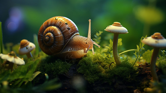 苔藓上爬行的蜗牛图片