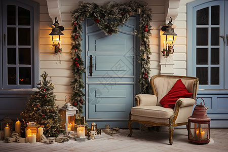 圣诞节花环房间门上的圣诞装饰背景