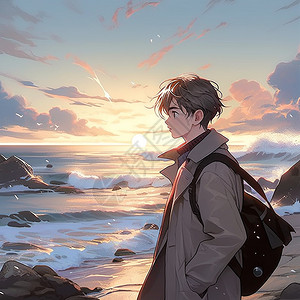 一个男孩站在海边背景图片