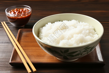 柔软的白粥和一双筷子放在木质桌子上图片
