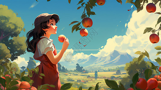 小女孩在苹果园摘苹果图片
