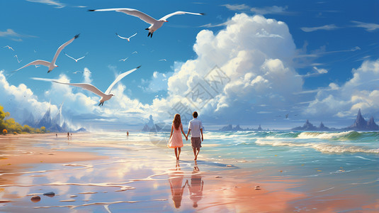 蓝天上的飞着的海鸥和美丽的海景图片