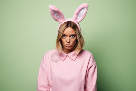 穿着衣服兔子穿着粉色衣服带着兔耳朵的女孩背景
