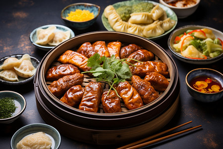 丰盛的中式美食展示在桌上的碗中图片