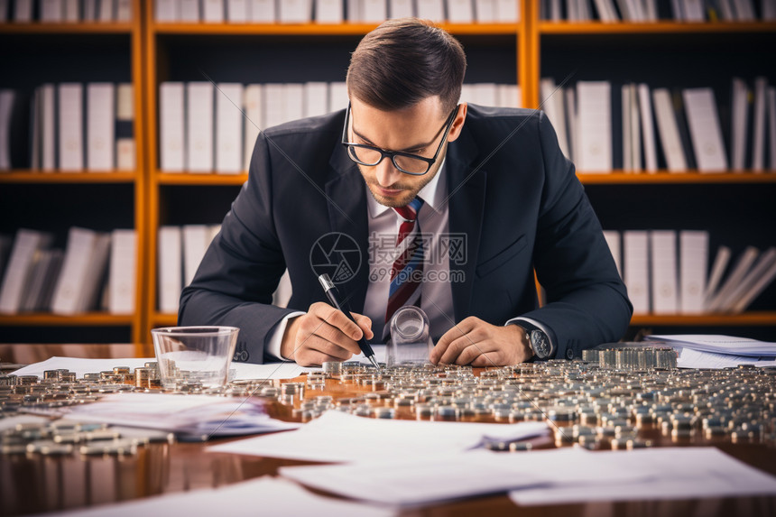 办公室里的会计专业人员在整理财务报表。图片