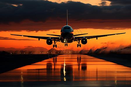 夕阳下的飞机起飞图片