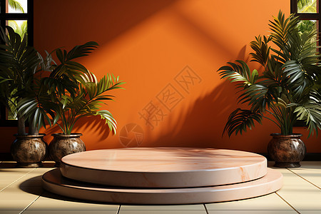棕榈叶装饰的橙色大理石讲台图片