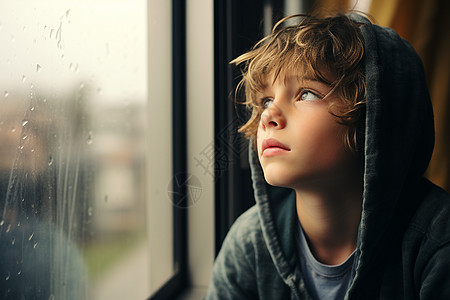 在窗户前的男孩孤独的孩子在窗边思考背景