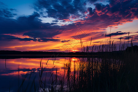 湖边的夕阳美景图片