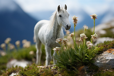 高山白马与鲜花共舞图片
