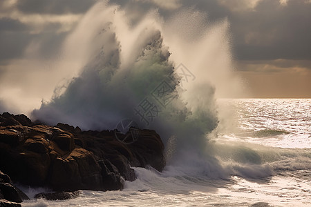 巨浪撞击在岩石上图片