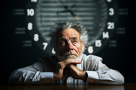 老年人坐在钟表前图片