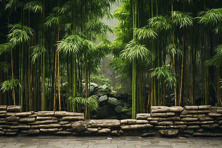 竹墙旁的石头人行道背景图片