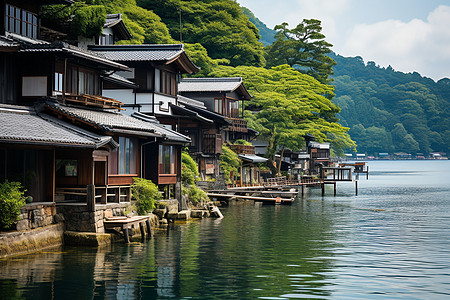 湖边山坡上一排房屋图片