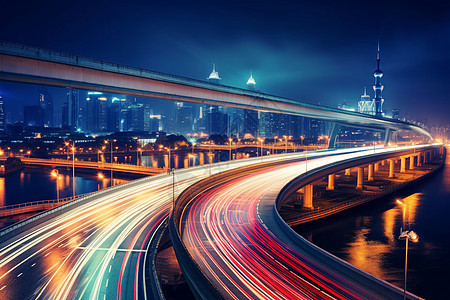 夜幕下的城市公路背景图片