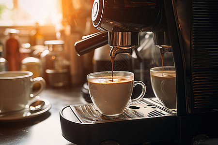咖啡机注满两杯咖啡图片