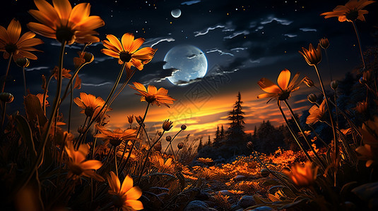 月亮与鲜花插图图片