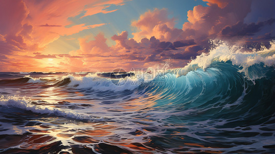 夕阳下的海洋绘画图片