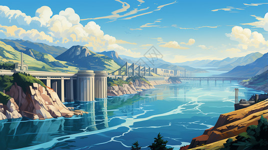 三峡大坝插图绘画图片