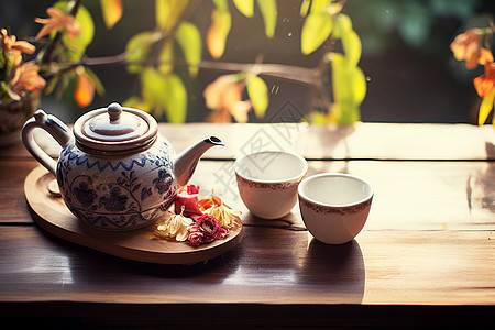 陶瓷茶具摆放在桌子上图片