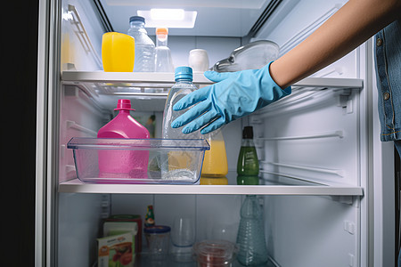 橡胶手套对冰箱的清洗背景